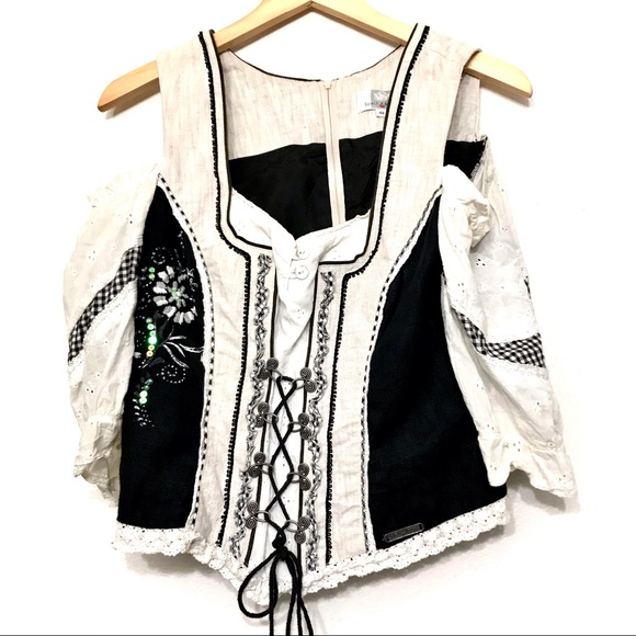 spieth  & wensky Tops - S & W Plaid Eyelet Lace up Embroidered Corset